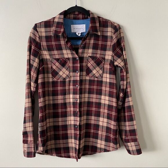 BCBG-Plaid Denim Cuff Button Down Shirt-XS - Picture 2 of 11